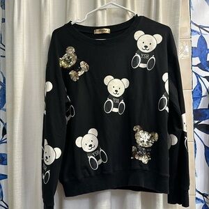 Missshop Korean Style Black White & Silver Sequin Teddy Bear Long Sleeve Top
